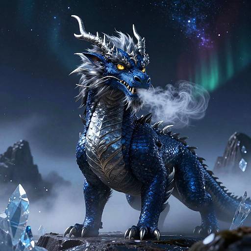 Digital artwork of a fierce, blue, scaly dragon with glowing yellow eyes, sharp horns, and breathing white smoke, standing on a rocky mountain under