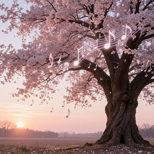 Ancient Blossom Tree with Musical Notes at Sunset