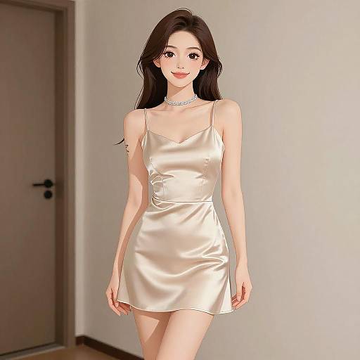 Digital anime-style drawing of a young woman with long brown hair, wearing a shiny, short, beige satin dress and a white choker, standing in