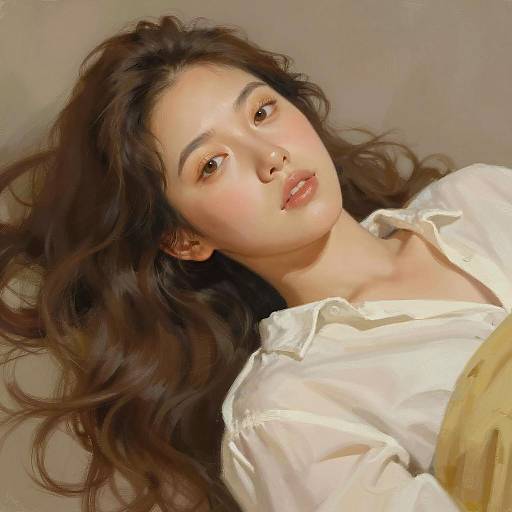 Portrait of Woman with Long Wavy Hair Lying Down