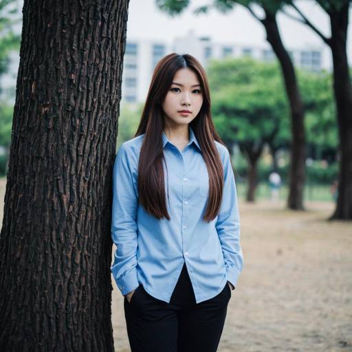 Asian Woman in Blue Shirt Outdoors