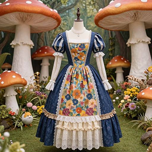Photograph of a vintage-style dress with blue stripes, white lace, floral embroidery, displayed on a mannequin in a whimsical forest with large