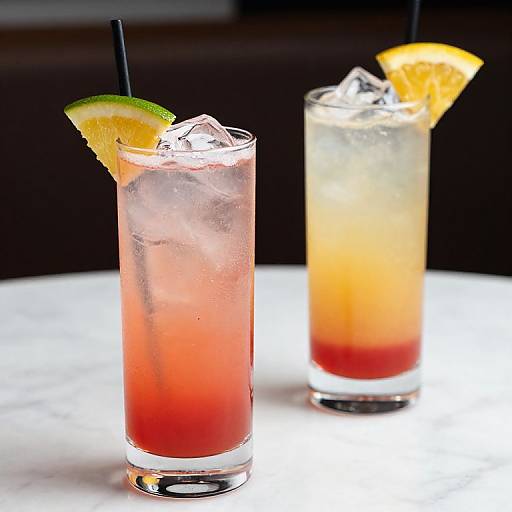 Photograph of two colorful cocktails on a white marble table; front has red drink with lime slice and straw, back has orange gradient drink with orange slice