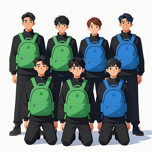 Serious Group in Black Outfits and Backpacks