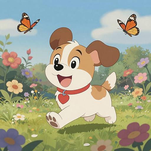 Joyful Puppy in a Vibrant Garden