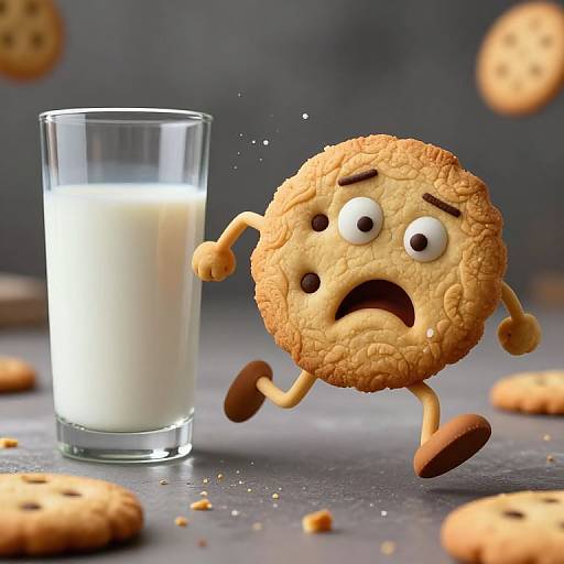 CGI illustration of a sad, cartoon cookie with arms and legs running away from a glass of milk, surrounded by scattered cookies.