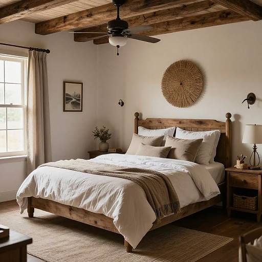 Cozy rustic bedroom with wooden ceiling beams, white walls, and a wooden bed featuring white and beige bedding. Sunlight filters through a window, illumin
