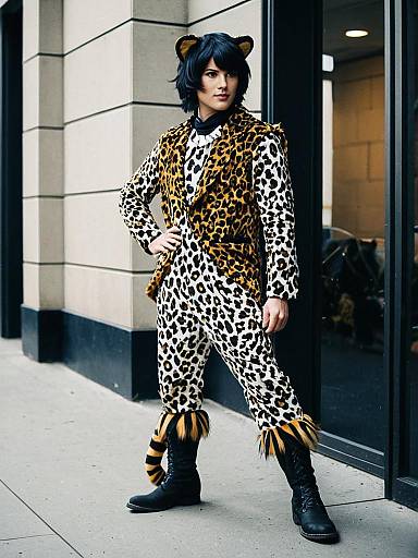 Male in Leopard Animal Costume with Tail and Boots