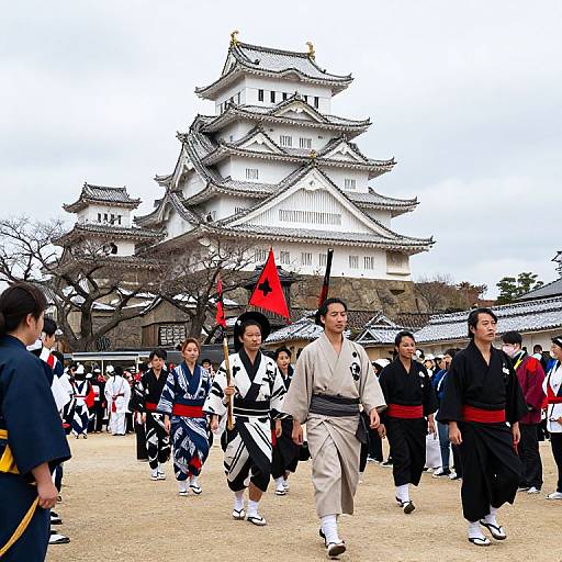 Photograph of traditional Japanese martial arts performance in front of a grand, white, multi-tiered castle with red flags, featuring participants in black, white