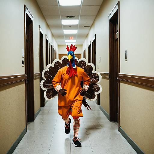 Photograph of a person in an orange prison jumpsuit and turkey mask with large brown feathers, walking down a fluorescent-lit hallway.