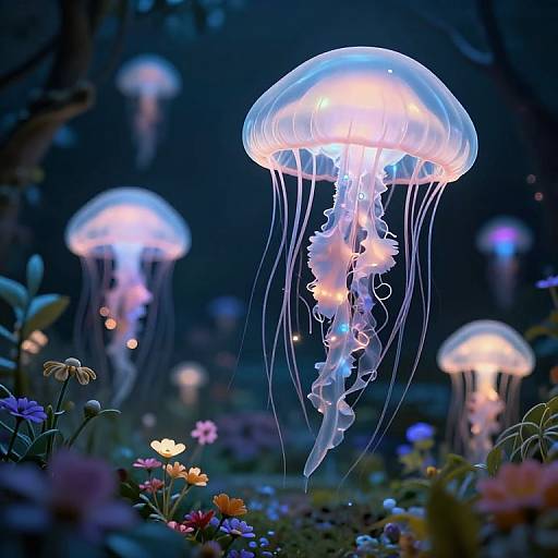 Photograph of glowing jellyfish with translucent, blue-tinged domes, surrounded by colorful flowers and greenery in a dark, underwater-like garden