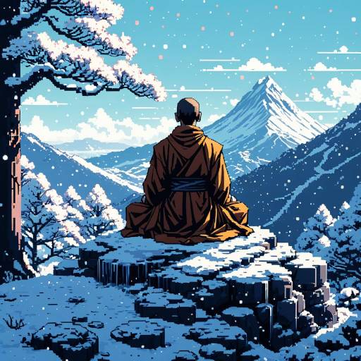 Pixel Art Monk Meditating on Snowy Mountain