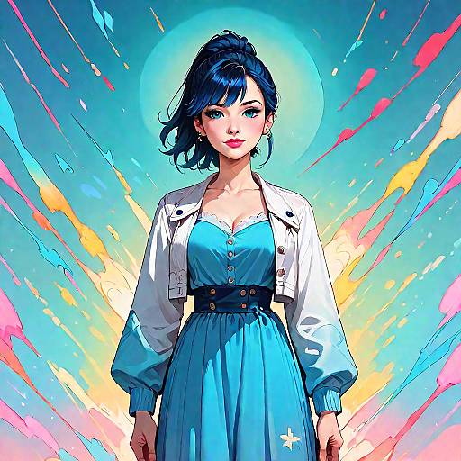 Digital anime-style drawing of an Asian woman with blue hair in a high ponytail, wearing a white jacket and blue dress, surrounded by colorful abstract rays