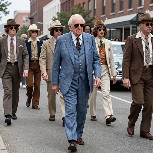 Photograph of elderly white man in blue plaid suit, dark sunglasses, walking on urban street with other men in vintage suits and hats. Background includes