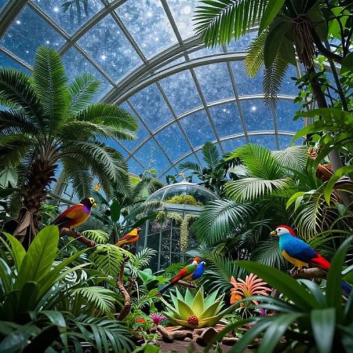 Photograph of a lush, tropical conservatory with vibrant green plants, colorful parrots, and a curved, glass-paneled ceiling allowing blue sky and