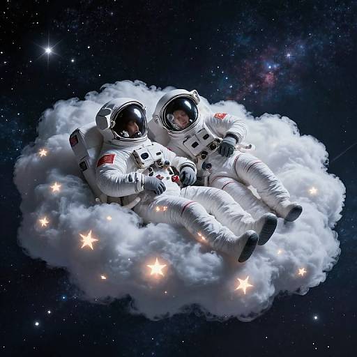 Photorealistic digital art of two astronauts in white space suits, sleeping on a fluffy cloud with glowing stars in space.