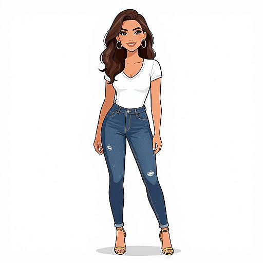 Digital illustration of a smiling brunette woman with long hair, wearing a white V-neck T-shirt, blue distressed jeans, and gold high heels. She has
