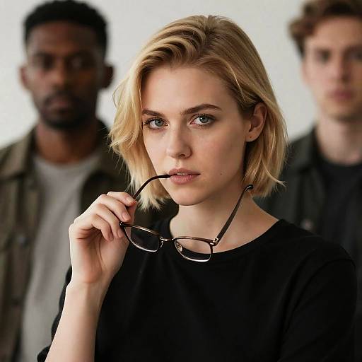 Blonde Woman Holding Eyeglasses with Two Men in Background