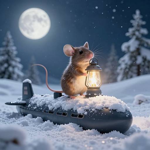 Photorealistic CGI of a brown mouse with a pink tail, holding a glowing lantern on a snow-covered inflatable raft under a bright full moon in a