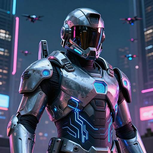 CGI image of a futuristic armored superhero with glowing blue neon accents, standing in a neon-lit cityscape with flying drones.