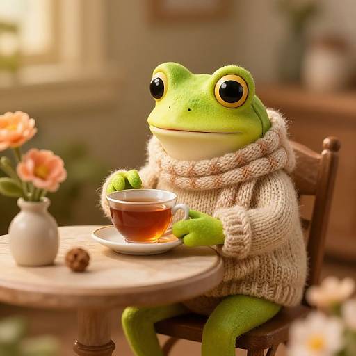 Photorealistic CGI of a green frog in a cozy beige sweater, sipping tea at a wooden table with pink flowers.