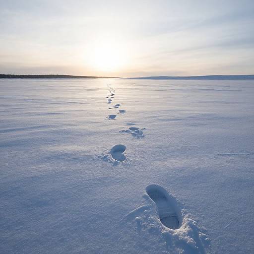 Photograph of a serene winter landscape with a bright sunset, casting light on a frozen lake, and a trail of footprints leading towards the horizon.