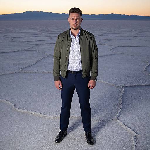 Photograph of a serious, bearded man in a green jacket, white patterned shirt, and black pants standing on a cracked, salt flats landscape