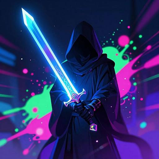 Mysterious hooded figure in dark cloak holds glowing blue sword, surrounded by neon pink, green, and purple splashes in digital artwork.