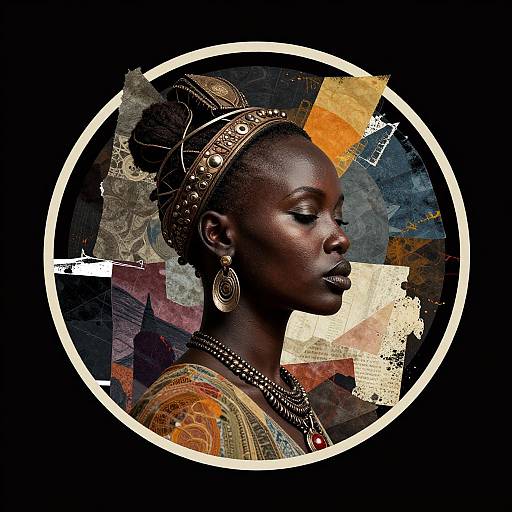 Photograph of an African woman with dark skin, closed eyes, wearing intricate headpiece, earrings, and colorful traditional attire, framed within a circular white