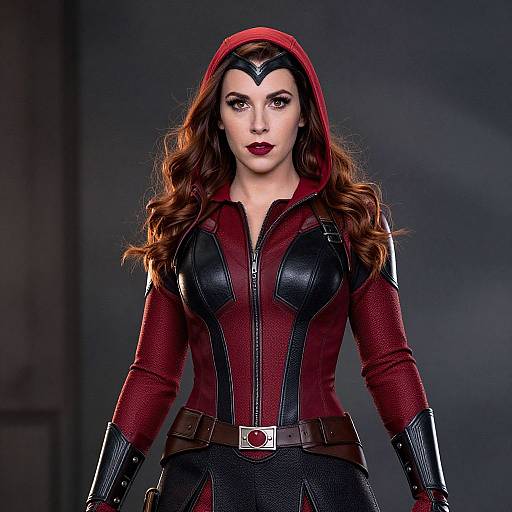 Photorealistic CGI image of a woman with long brown hair, wearing a red hooded suit with black leather accents, dark lipstick, and a serious