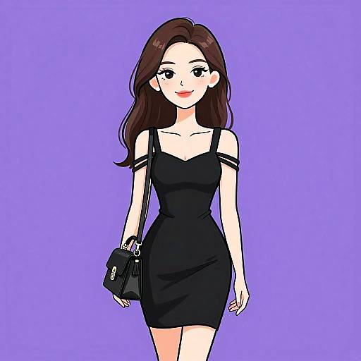 Digital anime-style drawing of a smiling woman with long brown hair, wearing a black off-shoulder dress and carrying a black handbag, against a