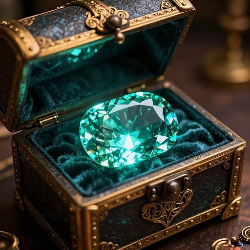 Photograph of a glowing, teal, faceted gemstone in an ornate, black velvet-lined, gold-trimmed treasure chest with intricate designs