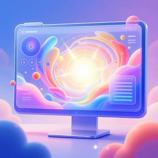Digital illustration of a futuristic monitor displaying a vibrant, neon swirl of colors with glowing orbs, set against a blue and pink gradient background.