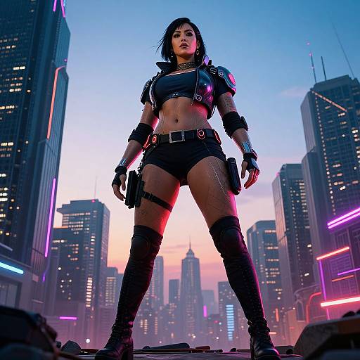 Cyberpunk cityscape at dusk, woman with black hair, crop top, shorts, thigh straps, gloves, and boots, stands confidently, neon