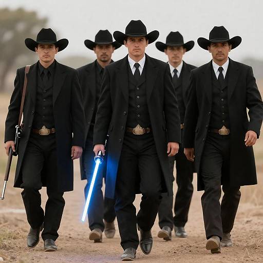 Men in Black Cowboy Suits with Lightsaber and Rifle