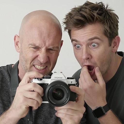 Two Men Examining Camera Photo