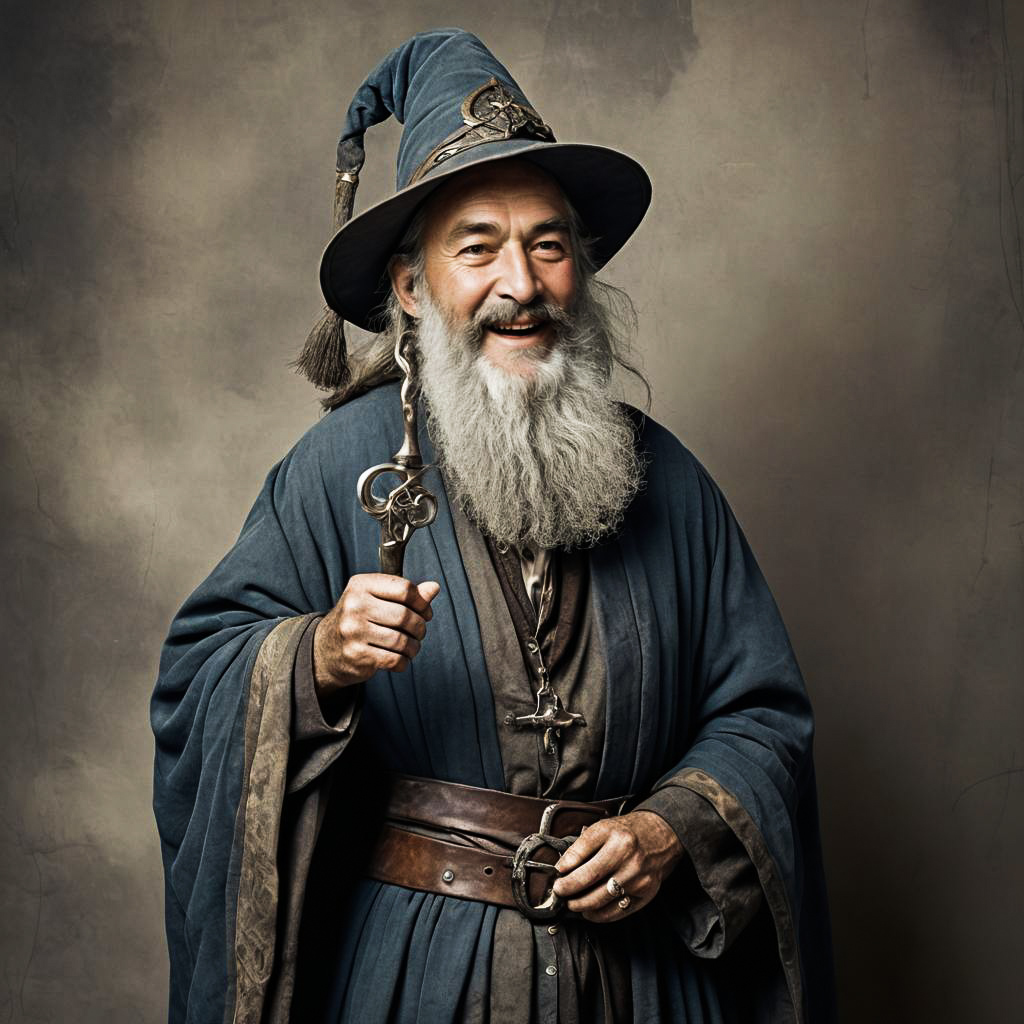 Laughing Bearded Mage in Vintage Studio