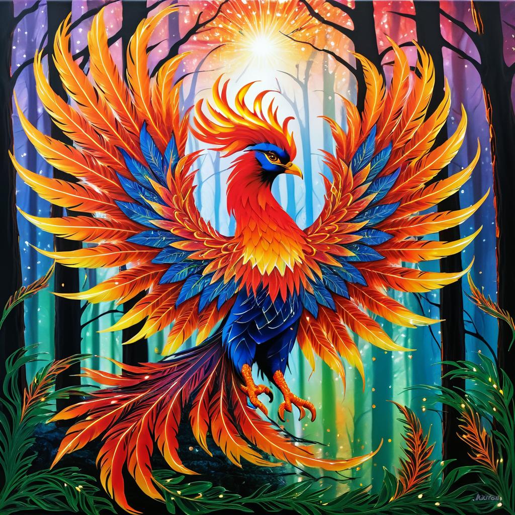 Vibrant Phoenix in Mystical Sunrise Forest