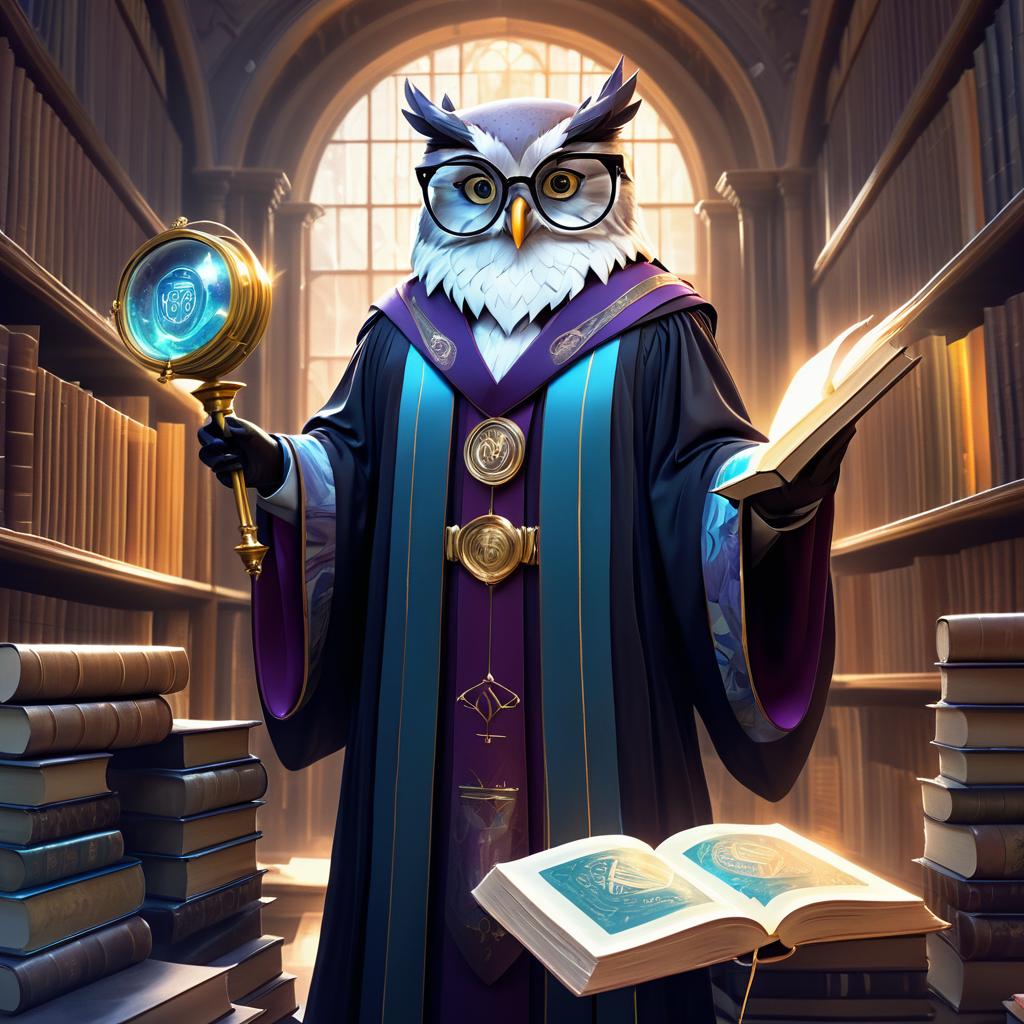 Wise Owl in a Scholarly Library Art