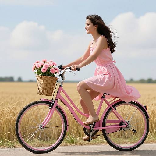 Woman Cycling Through Golden Field