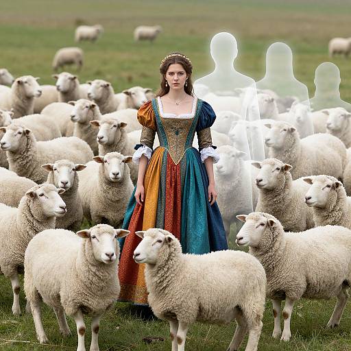 Photograph of a young woman in a Renaissance-style, multi-colored dress standing among a flock of sheep with ethereal, white, ghost-like figures behind