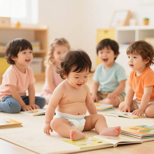 Photograph of a smiling, chubby, dark-haired baby in a diaper, surrounded by four laughing toddlers, reading colorful children's books in a bright,