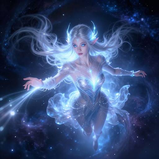 Digital artwork of a glowing, ethereal white-haired woman with blue eyes and horns, floating in space, surrounded by luminous blue flames and starry