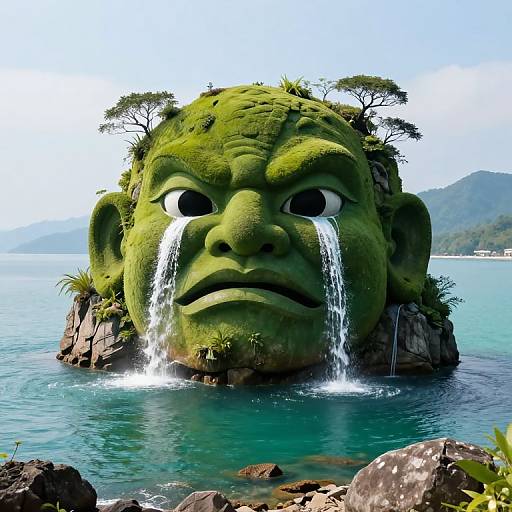 Digital artwork of a green, sad-faced giant head with tears flowing into turquoise water, surrounded by rocky islands and lush trees.
