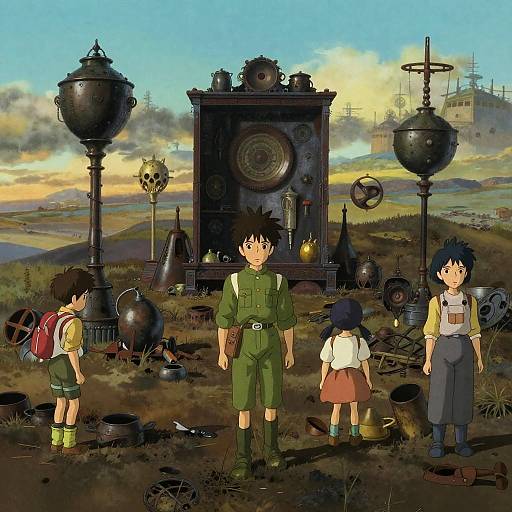 Pixel art of four children standing in front of a steampunk altar with tall orbs and gears, under a sunset sky.