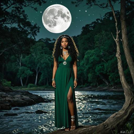 Dark-Skinned Woman in Green Dress Under Full Moon
