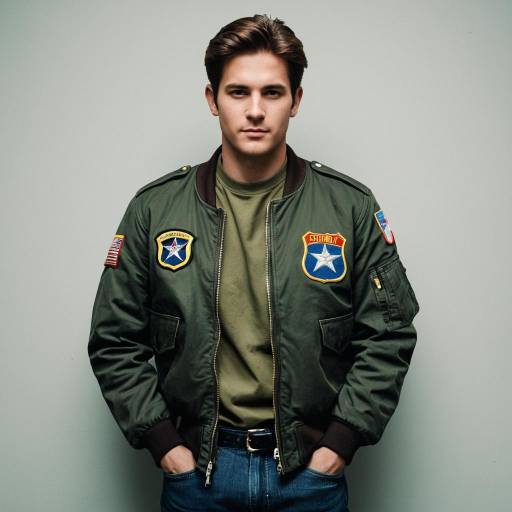 Man Wearing Military Bomber Jacket and Denim Jeans