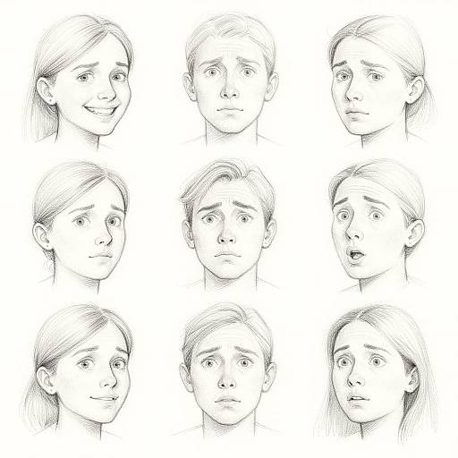 Black-and-white pencil sketch of twelve facial expressions, arranged in a 3x4 grid, featuring a young woman with long hair and a young man