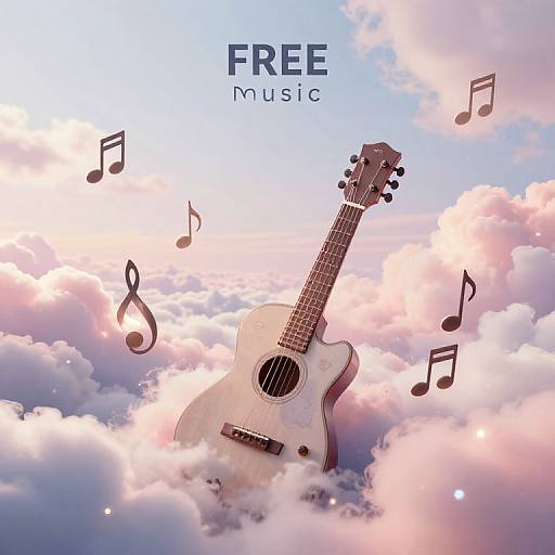 Digital artwork of a white acoustic guitar floating among pink and blue clouds, surrounded by floating musical notes. Text reads 