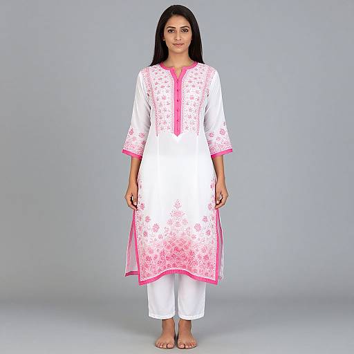 Woman in Floral Kurta and White Pants